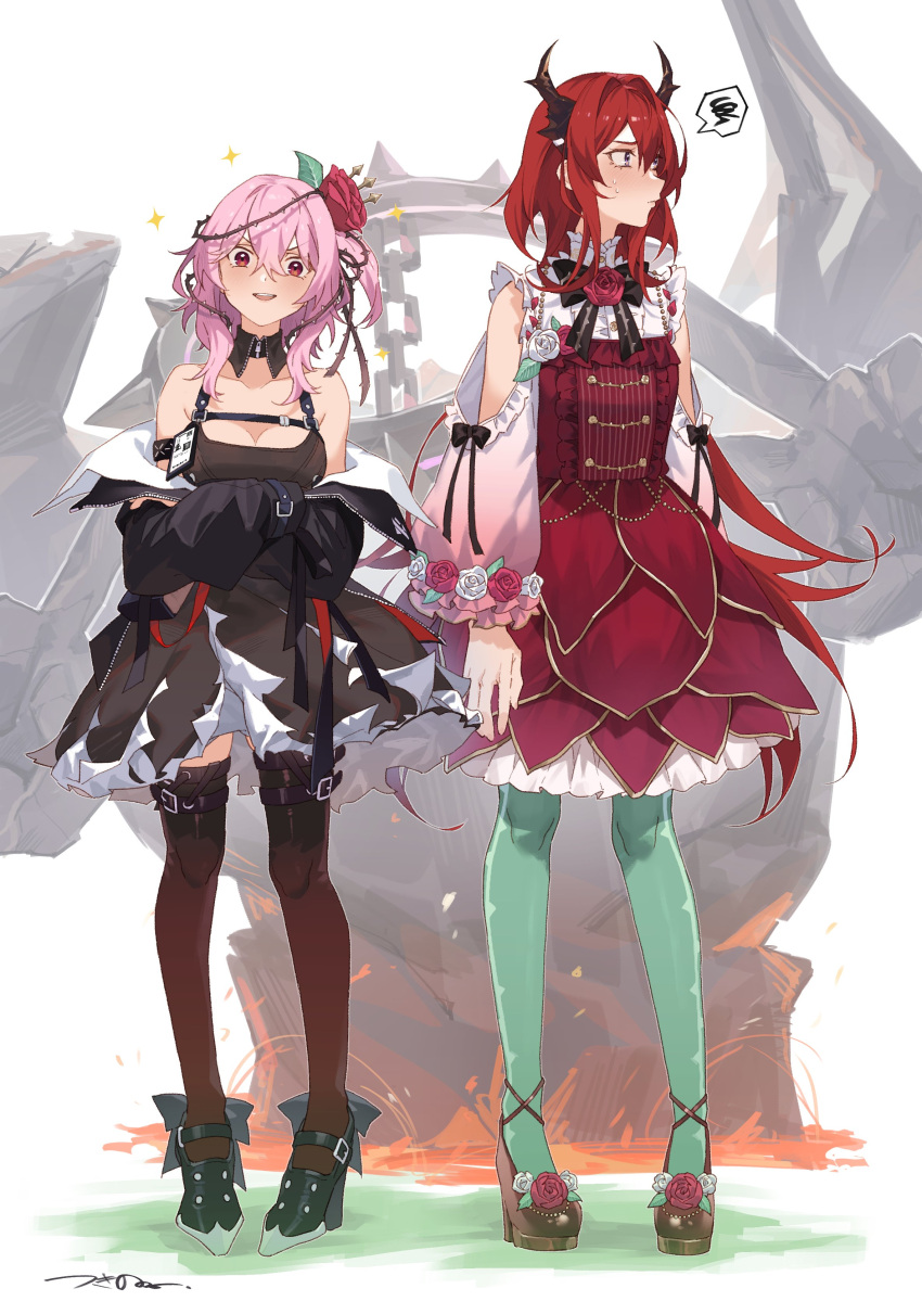 2girls absurdres alternate_breast_size arknights black_footwear black_jacket breasts cleavage clothing_cutout cosplay costume_switch dress flower green_legwear high_heels highres horns jacket medium_breasts multiple_girls nijisanji nijisanji_en open_mouth pantyhose pink_hair purple_eyes red_dress red_flower red_hair red_rose rose rosemi_lovelock rosemi_lovelock_(cosplay) short_sidetail shoulder_cutout smile speech_bubble spoken_squiggle squiggle surtr_(arknights) surtr_(arknights)_(cosplay) thighhighs tsukino_(nakajimaseiki) v-shaped_eyebrows virtual_youtuber white_flower white_rose