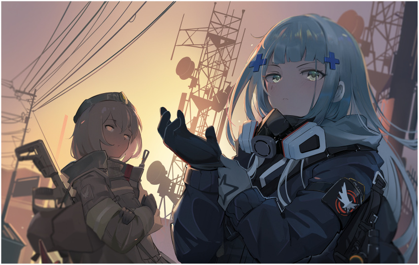 2girls adjusting_clothes adjusting_gloves agent_416_(girls'_frontline) armband asymmetrical_gloves bangs black_gloves black_jacket blue_eyes blue_hair blurry blurry_background brown_coat character_request closed_mouth coat commentary crossed_arms dusk dutch_angle eyebrows_visible_through_hair frown girls'_frontline gloves grey_gloves grey_hair gun hair_ornament highres hk416_(girls'_frontline) jacket long_hair long_sleeves looking_at_viewer mask mask_around_neck mismatched_gloves multiple_girls outdoors power_lines satellite_dish short_hair siguma_(13238772100) sunset transmission_tower upper_body utility_pole weapon weapon_on_back weapon_request x_hair_ornament