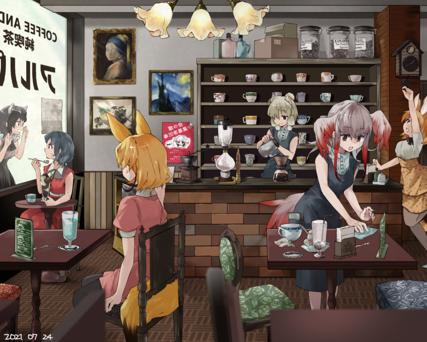 6+girls adapted_costume alpaca_ears alpaca_girl alpaca_suri_(kemono_friends) alternate_costume animal_ears bird_girl bird_tail bird_wings black_dress black_hair black_legwear black_neckwear blonde_hair bow bowtie brown_footwear cafe cat_ears cat_girl cat_tail center_frills cleaning collared_shirt commentary_request common_raccoon_(kemono_friends) dress eating extra_ears eyebrows_visible_through_hair fennec_(kemono_friends) food fox_ears fox_girl fox_tail frilled_skirt frills grey_hair hair_bun hair_over_one_eye hair_tubes head_wings high_heels highres ice_cream japanese_crested_ibis_(kemono_friends) kaban_(kemono_friends) kemono_friends matching_outfit multicolored_hair multiple_girls nanana_(nanana_iz) pantyhose pencil_dress pink_dress polka_dot_skirt pouring puffy_short_sleeves puffy_sleeves raccoon_ears raccoon_girl red_dress red_hair serval_(kemono_friends) shirt short_hair short_sleeves sidelocks skirt sweater sweater_dress tail translation_request two-tone_hair uniform white_hair white_shirt wings yellow_dress