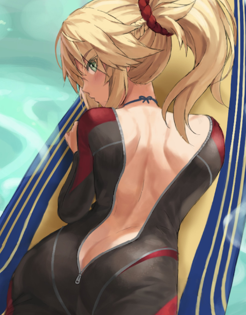 1girl ass back bangs black_bodysuit blonde_hair bodysuit braid breasts fate/apocrypha fate/grand_order fate_(series) french_braid green_eyes hair_ornament hair_scrunchie highres long_hair looking_at_viewer looking_back mordred_(fate) mordred_(fate)_(all) parted_bangs ponytail prydwen_(fate) scrunchie sidelocks small_breasts surfboard tonee wetsuit zipper