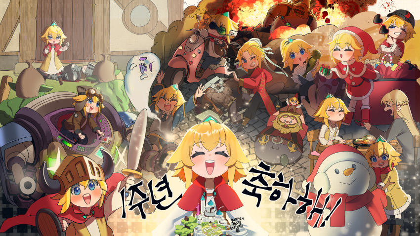 2girls absurdres blonde_hair blue_eyes christmas closed_eyes eating explosion future_knight gift glasses ground_vehicle guardian_tales hair_ornament hands_up helmet highres holding holding_weapon huge_filesize jiki_(gkdlfnzo1245) little_princess_(guardian_tales) looking_at_viewer monster motor_vehicle motorcycle multiple_girls multiple_persona multiple_views open_mouth red_scarf robot scarf short_hair smile snowman weapon