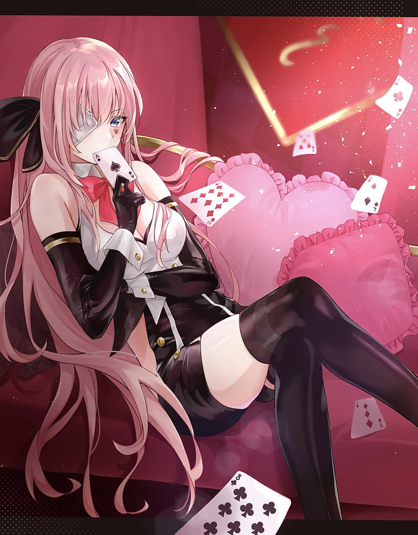 1girl absurdres amano_kurumi bangs black_legwear black_ribbon blue_eyes bodysuit bow breasts card cleavage club_(shape) collared_shirt couch covered_mouth crossed_legs cushion diamond_(shape) elbow_gloves eyebrows_visible_through_hair eyepatch facial_mark gloves hair_ribbon hand_on_own_arm heart heart_facial_mark highres holding holding_card holding_playing_card large_breasts long_hair megurine_luka neck_ribbon one_eye_covered pink_hair playing_card project_diva_(series) project_diva_2nd project_diva_f red_bow ribbon shirt sitting sleeveless sleeveless_shirt solo spade_(shape) temptation_(module) thighhighs very_long_hair vocaloid