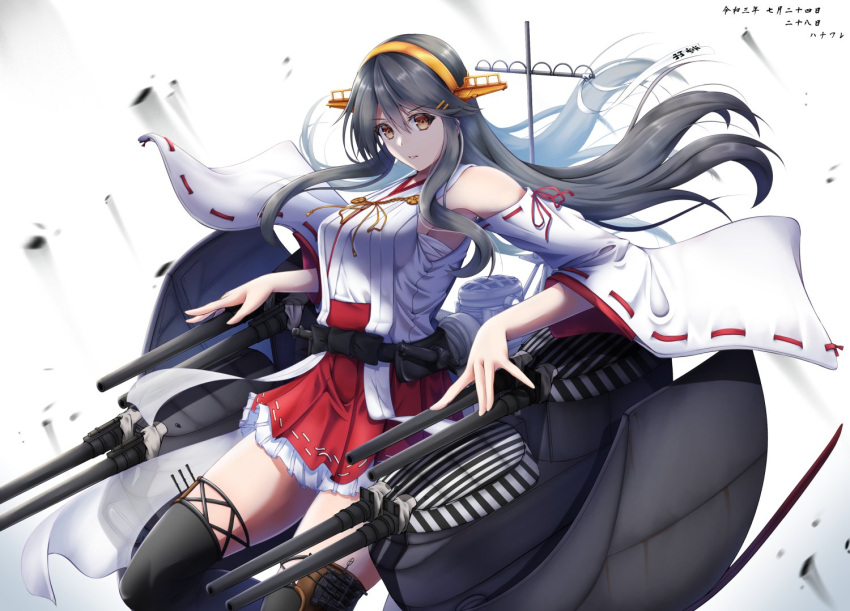 1girl black_hair boots cannon commentary_request cowboy_shot dazzle_paint detached_sleeves frilled_skirt frills hachiware_(8ware63) hair_ornament hairband hairclip haruna_(kancolle) headgear japanese_clothes kantai_collection long_hair machinery ribbon-trimmed_sleeves ribbon_trim simple_background skirt solo thigh_boots thighhighs translation_request turret white_background