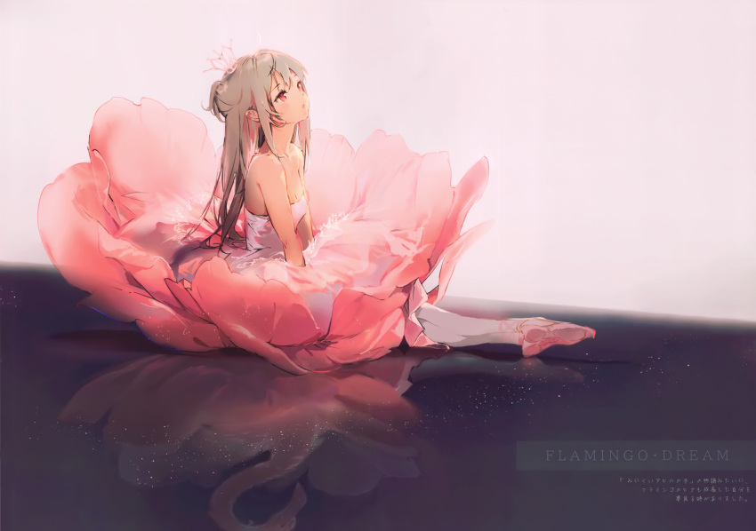 1girl absurdres anmi bare_shoulders breasts cleavage dress feet highres legs long_hair looking_away looking_up medium_breasts original pantyhose pink_dress red_eyes reflection simple_background sitting solo strapless strapless_dress
