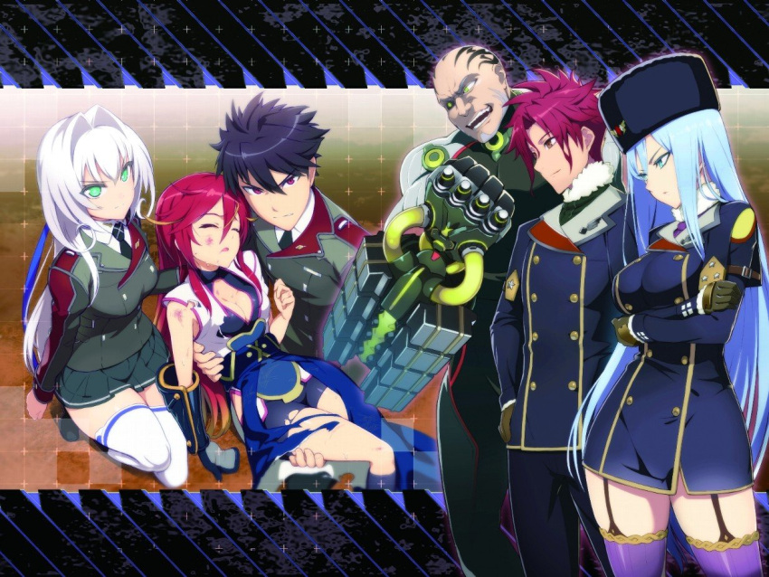 3boys 3girls armor arms_under_breasts bangs blue_dress blue_hair breasts character_request cleavage closed_eyes closed_mouth dress emilia_hermit fur_hat garter_straps glaring gloves green_eyes green_skirt hair_intakes hand_on_another's_thigh hat hundred injury japanese_armor kenzaki_touka kisaragi_hayato kote large_breasts long_hair long_sleeves medium_breasts microdress miniskirt multicolored_hair multiple_boys multiple_girls necktie novel_illustration official_art ookuma_nekosuke pleated_skirt purple_legwear red_hair shiny shiny_hair silver_hair single_bare_shoulder skirt squatting streaked_hair textless thighhighs thighs torn_clothes two-tone_hair ushanka v-shaped_eyebrows very_long_hair white_legwear zettai_ryouiki