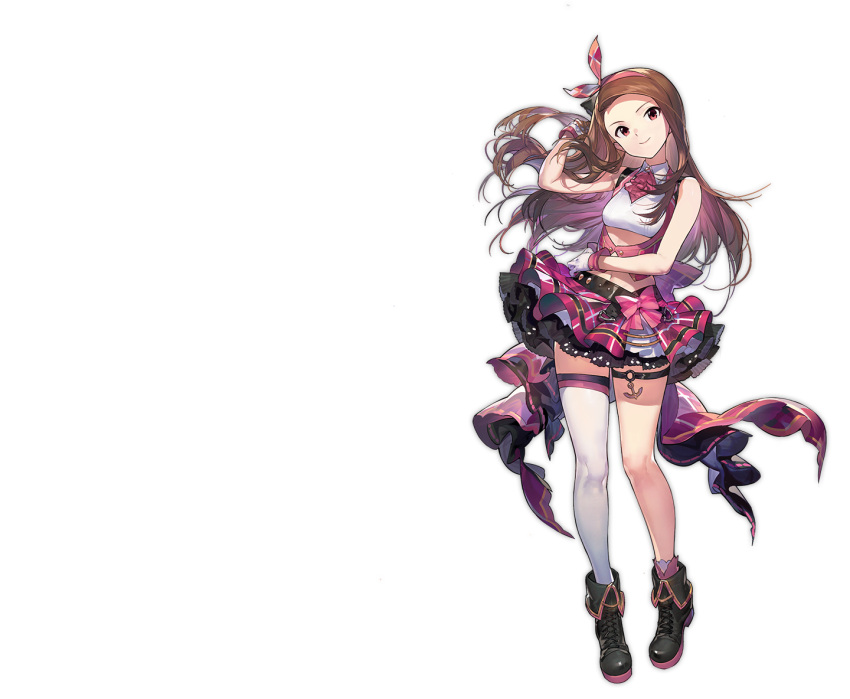 1girl artist_request azur_lane brown_hair closed_eyes full_body idolmaster idolmaster_(classic) long_hair looking_at_viewer minase_iori official_art one_eye_closed open_mouth pink_skirt plaid plaid_skirt purple_eyes single_thighhigh skirt smile solo thighhighs transparent_background white_legwear