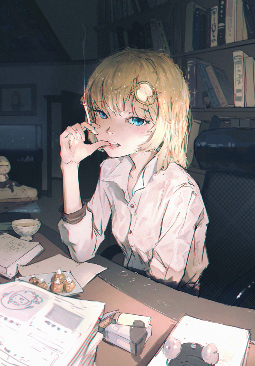 1girl absurdres alarm_clock blonde_hair blue_eyes book bookshelf breasts character_doll cigarette cigarette_pack clock cream_puff cup dark_room dino_(dinoartforame) elbows_on_table english_commentary fish_tank food gawr_gura hair_ornament highres holding holding_cigarette hololive hololive_english indoors lighter long_sleeves looking_at_viewer monocle_hair_ornament open_door open_mouth picture_(object) shirt sitting small_breasts smoke solo teacup thumb_to_mouth upper_body upper_teeth virtual_youtuber watson_amelia wet wet_clothes wet_hair wet_shirt white_shirt