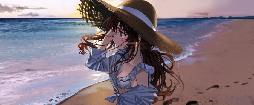 1girl adjusting_hair beach bikini blue_eyes blush breasts brown_hair cleavage closed_mouth cloud earrings elisia_valfelto footprints frilled_bikini frills hat horizon jewelry long_hair luicent ocean off_shoulder original outdoors profile sand scenery shirt shore sky sleeves_rolled_up small_breasts smile solo sun_hat sunset swimsuit symbol_commentary upper_body water white_bikini white_shirt