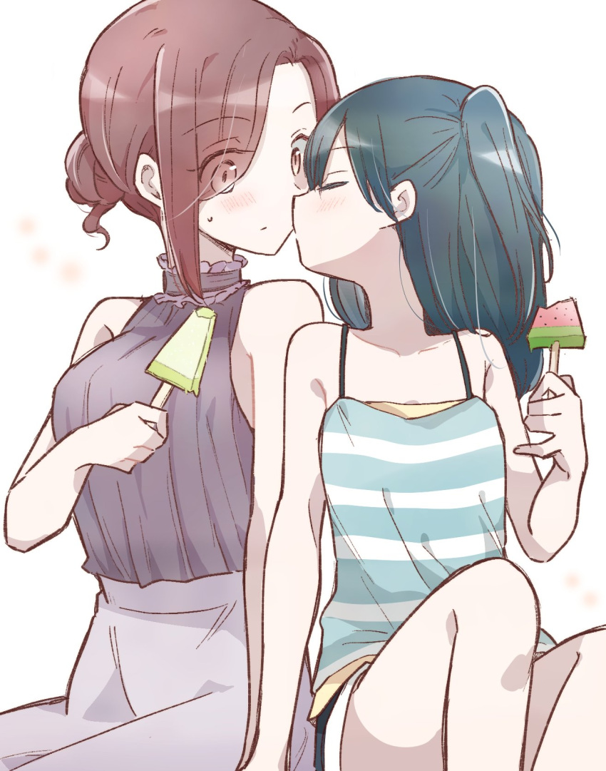 2girls 66ta1yak1 age_difference blue_hair closed_eyes commentary_request eyebrows_visible_through_hair eyes_visible_through_hair food hanamura_sayaka hanamura_yuuki highres imminent_kiss incest mother_and_daughter multiple_girls popsicle red_eyes red_hair shirt short_hair simple_background sitting sleeveless sleeveless_shirt striped striped_shirt watermelon_bar white_background yuri yuru_oyako