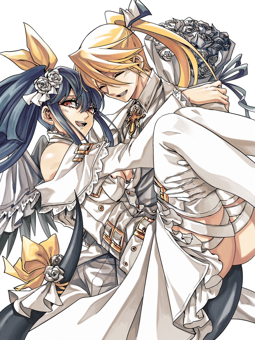1boy 1girl absurdres angel_wings asymmetrical_wings bangs bare_shoulders belt blonde_hair blue_hair breasts bridal_veil carrying cleavage closed_eyes collar couple cross dizzy_(guilty_gear) dong_hole dress feathered_wings flower formal frilled_skirt frills gloves guilty_gear guilty_gear_xrd hair_between_eyes hair_ornament hair_ribbon hair_rings hetero highres holding_another husband_and_wife ky_kiske large_breasts long_hair looking_at_viewer multiple_belts open_mouth ponytail princess_carry red_eyes ribbon rose simple_background skirt smile suit tail tail_ornament tail_ribbon thigh_strap twintails veil wedding_dress white_background white_collar white_gloves white_legwear wide_sleeves wings yellow_ribbon
