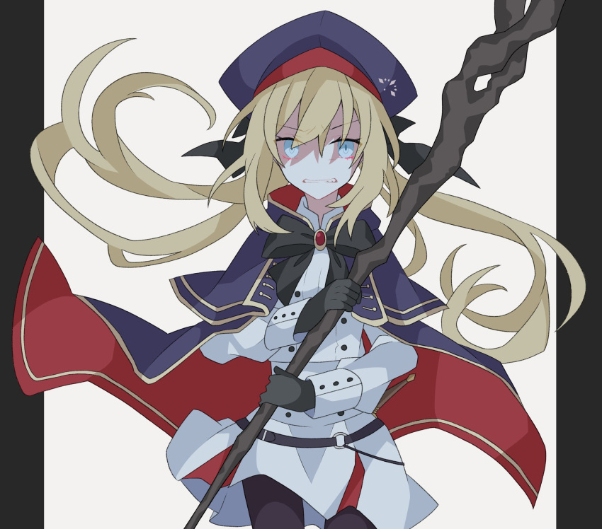 1girl artoria_pendragon_(all) artoria_pendragon_(caster)_(fate) bangs black_bow black_gloves black_ribbon blonde_hair blue_eyes bow buttons clenched_teeth cloak double-breasted fate/grand_order fate_(series) gloves hair_between_eyes hair_ribbon hat highres holding holding_staff holding_weapon kujiramaru long_hair looking_at_viewer pantyhose ribbon shaded_face skirt solo spoilers staff teeth two-sided_cloak two-sided_fabric upper_body weapon white_skirt white_uniform