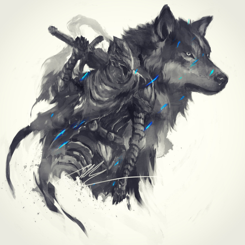 1boy animal armor artorias_the_abysswalker dark_souls_i full_armor gauntlets great_grey_wolf_sif helmet highres holding holding_sword holding_weapon over_shoulder oversized_animal pauldrons shimhaq shoulder_armor souls_(series) sword sword_over_shoulder weapon weapon_over_shoulder wolf