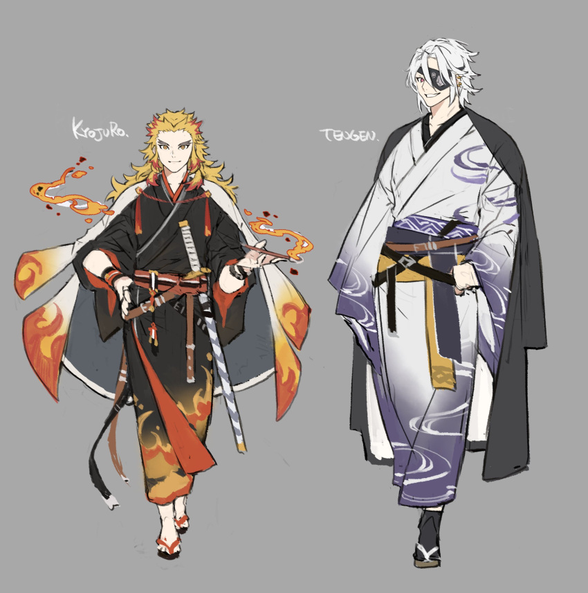 2boys bangs blonde_hair cape character_name closed_mouth eyepatch flame_print grey_background hair_between_eyes hand_on_hip highres japanese_clothes katana kimetsu_no_yaiba kimono long_hair male_focus multicolored_hair multiple_boys obi papajay_(jennygin2) red_eyes red_hair rengoku_kyoujurou sash sheath sheathed simple_background standing sword thick_eyebrows uzui_tengen weapon white_hair