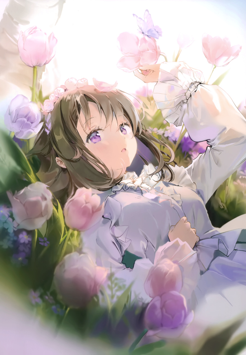 1girl absurdres anmi bangs blush brown_hair bug butterfly buttons detached_sleeves dress eyebrows_visible_through_hair flower frilled_dress frills hair_ornament hand_up highres insect long_hair long_sleeves looking_at_viewer lying on_back open_mouth original petals pink_flower purple_eyes purple_flower scan shiny shiny_hair simple_background solo