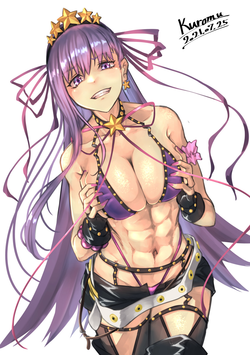 1girl absurdres bb_(fate)_(all) bb_(swimsuit_mooncancer)_(fate) bead_bracelet beads belt bikini black_garter_belt black_gloves black_legwear boots bracelet breasts earrings fate/grand_order fate_(series) gloves hair_ornament hair_ribbon highres huge_filesize jewelry kuromu large_breasts long_hair micro_shorts purple_bikini purple_eyes purple_hair purple_ribbon ribbon shorts solo star_(symbol) star_earrings star_hair_ornament studded_garter_belt swimsuit thigh_boots thighhighs very_long_hair white_belt