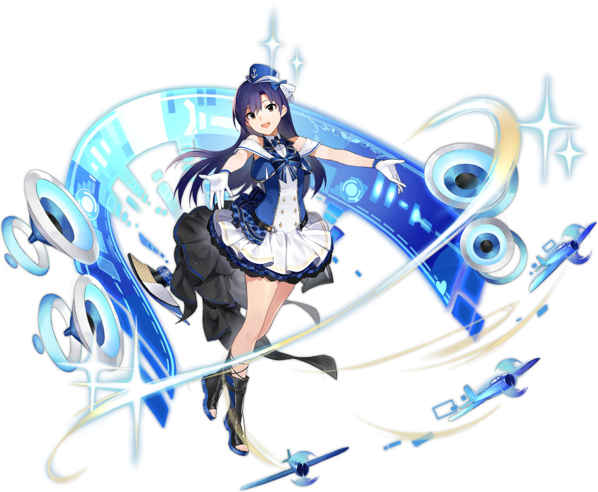 1girl aircraft artist_request azur_lane bare_shoulders blue_headwear boots dress gloves hat highres idolmaster idolmaster_(classic) kisaragi_chihaya long_hair looking_at_viewer official_art open_arms open_mouth purple_hair ribbon standing toeless_footwear transparent_background white_gloves