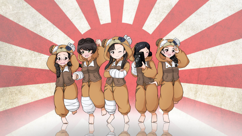 5girls animal_hood asymmetrical_bangs bandages bangs barefoot bear_hood black_hair blush braid braided_ponytail brown_eyes brown_hair brown_jacket camera chi-hatan_military_uniform commentary_request curly_hair eyepatch frown fukuda_haru girls_und_panzer girls_und_panzer_senshadou_daisakusen! glasses green_eyes hair_over_shoulder hair_ribbon hair_rings hands_on_own_head highres holding holding_camera hood hood_down hood_up hosomi_shizuko jacket leg_up long_hair long_sleeves looking_at_viewer medical_eyepatch multiple_girls nishi_kinuyo one_eye_closed onesie orc_peon_7503 pajamas raised_fist reflection ribbon rimless_eyewear rising_sun round_eyewear salute short_hair single_braid standing standing_on_one_leg star_(symbol) straight_hair sunburst taking_picture tamada_tamaki teramoto_tomiko textless twin_braids twintails white_ribbon