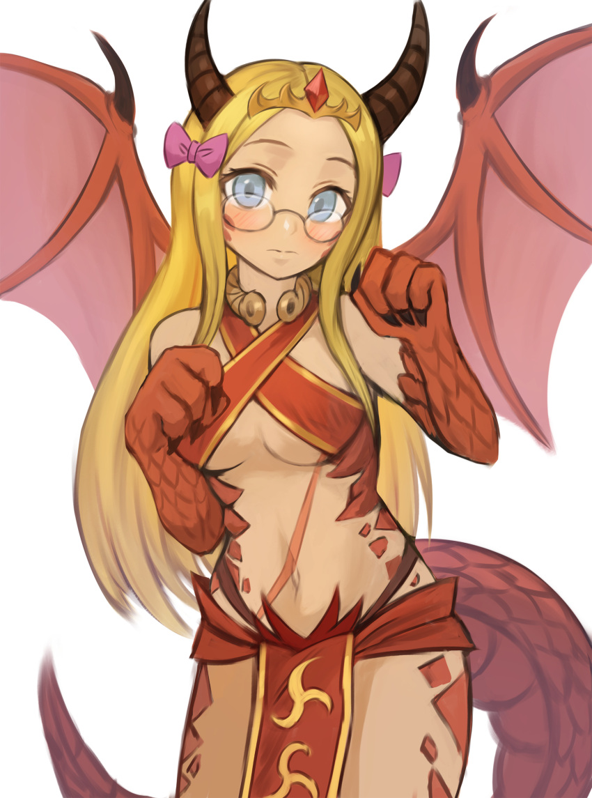 1girl animal_hands blonde_hair blue_eyes blush bow breasts claws commentary dragon_(monster_girl_encyclopedia) dragon_girl dragon_wings english_commentary glasses hair_bow highres horns long_hair looking_at_viewer medium_breasts monster_girl monster_girl_encyclopedia navel paws pelvic_curtain pink_bow scales simple_background solo sookmo tail tiara white_background wings