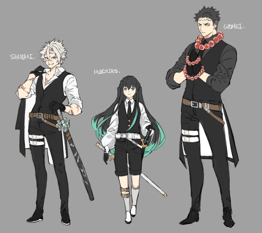 3boys alternate_costume aqua_hair bangs bead_bracelet bead_necklace beads belt black_footwear black_gloves black_hair black_neckwear black_pants black_shirt black_vest bracelet character_name closed_mouth gloves grey_background grey_hair grey_legwear grin hair_between_eyes highres himejima_gyoumei jewelry katana kimetsu_no_yaiba kneehighs long_hair male_focus multicolored_hair multiple_boys necklace necktie pants papajay_(jennygin2) scar scar_on_arm scar_on_chest scar_on_face sheath sheathed shinazugawa_sanemi shirt smile sword tokitou_muichirou undercut vest weapon white_footwear white_shirt