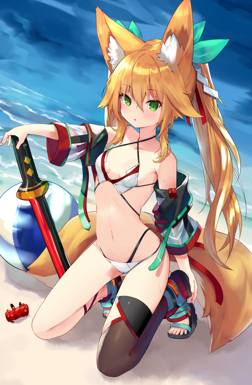 1girl animal_ear_fluff animal_ears ball bare_shoulders beach beachball bikini blonde_hair breasts brown_legwear criss-cross_halter detached_sleeves fox_ears fox_girl fox_tail green_eyes hair_ribbon halterneck highres kitsune kneeling kokonoe_tsubaki long_hair looking_at_viewer multi-strapped_bikini multiple_tails navel original parted_lips ribbon sandals sidelocks single_thighhigh small_breasts solo stomach string_bikini swimsuit sword tail thighhighs thighs twintails two_tails very_long_hair weapon wet white_bikini yoshizawa_tsubaki