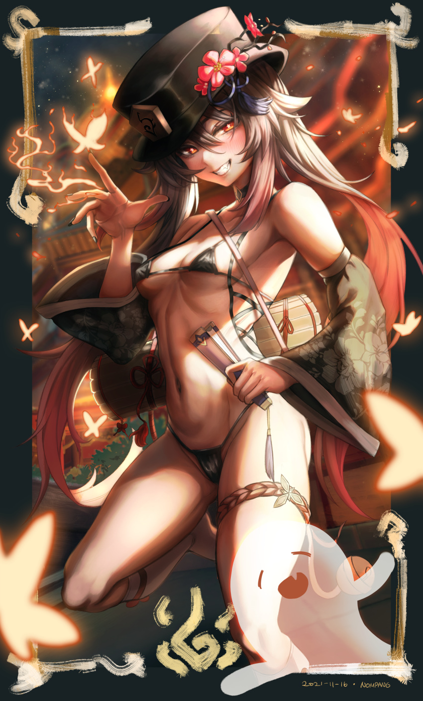 1girl absurdres bare_shoulders bikini black_bikini black_headwear black_nails blush borii breasts brown_hair bug butterfly chinese_clothes closed_eyes detached_sleeves fang fire flower genshin_impact ghost half-closed_eyes hand_up hat hat_flower highres hu_tao_(genshin_impact) kneeling long_hair long_sleeves micro_bikini multicolored_hair nail_polish navel open_mouth red_eyes red_hair small_breasts smile swimsuit symbol-shaped_pupils thighs top_hat twintails two-tone_hair underboob