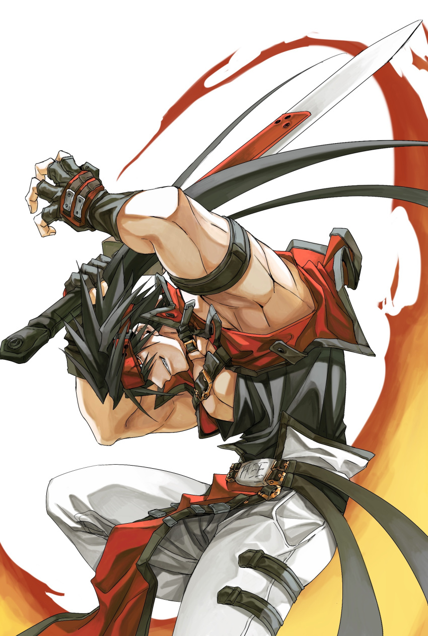 1boy absurdres black_gloves brown_eyes brown_hair dong_hole english_text fingerless_gloves fire flame gloves grin guilty_gear guilty_gear_x guilty_gear_xx highres holding holding_weapon jacket male_focus pectorals red_jacket simple_background smile sol_badguy solo sword weapon white_background