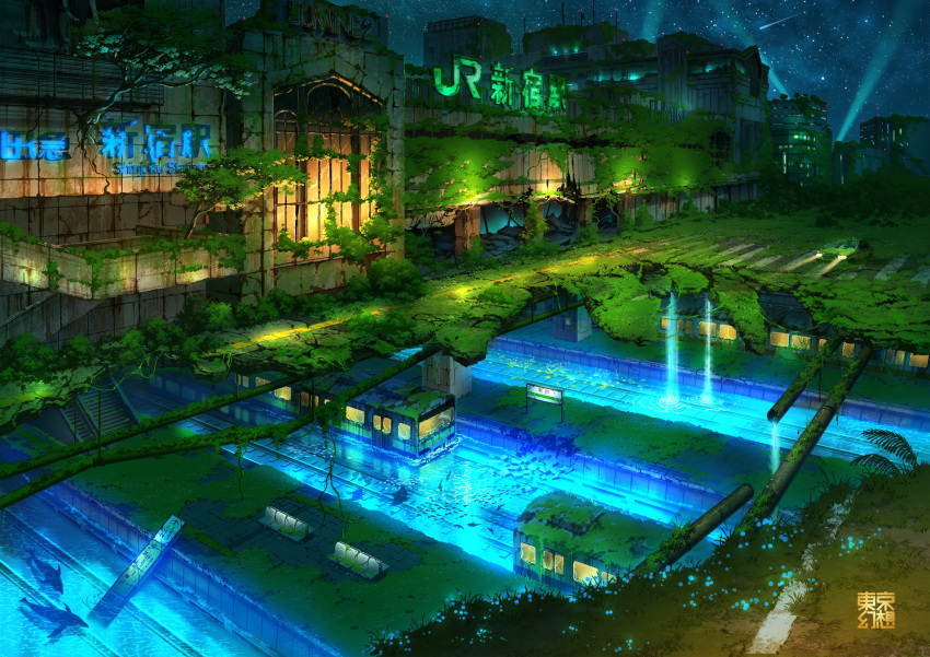 abandoned animal building dolphin fish glowing ground_vehicle highres night night_sky no_humans original outdoors overgrown pipes railroad_tracks ruins scenery sign sky stairs star_(sky) starry_sky tokyogenso train water waterfall window