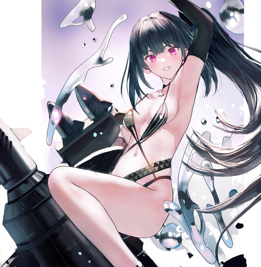 1girl absurdres ah_(pixiv62888100) architect_(girls'_frontline) arm_up armpits bikini black_bikini black_hair breasts elbow_gloves from_side girls'_frontline gloves grin high_ponytail highres huge_filesize looking_at_viewer navel red_eyes sangvis_ferri small_breasts smile solo swimsuit water