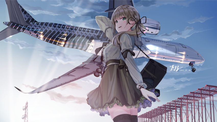 1girl a350 aircraft airplane arm_behind_head arm_ribbon bag bangs black_ribbon blue_sky brown_hair cloud commentary_request commission cowboy_shot dated eyebrows_visible_through_hair frilled_skirt frills from_below from_side green_eyes hair_ribbon handbag highres hinamizawa_kurumi light_brown_hair long_sleeves looking_at_viewer looking_down mole mole_under_mouth png_pant_(bus) ponytail ribbon side_ponytail signature skeb_commission skirt sky smile solo sunrise thighhighs tower virtual_youtuber waist_bow zettai_ryouiki