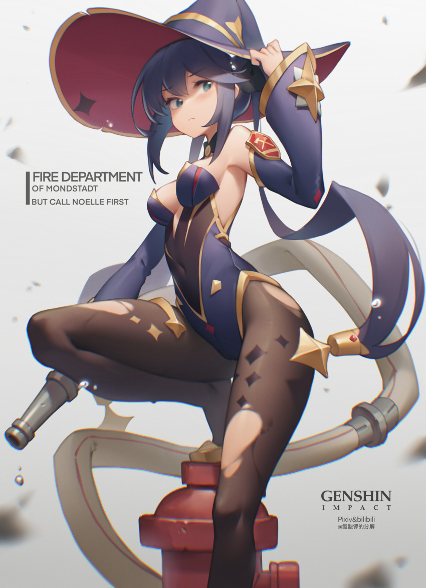 1girl absurdres adjusting_clothes adjusting_headwear bangs bare_shoulders bilibili_xiaolu black_hair blue_eyes blush breasts brown_legwear commentary_request copyright_name covered_navel detached_sleeves fire_hydrant foot_out_of_frame genshin_impact grey_background hand_up hat highres hose huge_filesize leotard long_hair looking_at_viewer medium_breasts mona_(genshin_impact) pantyhose partial_commentary simple_background solo strapless strapless_leotard thighs very_long_hair witch_hat