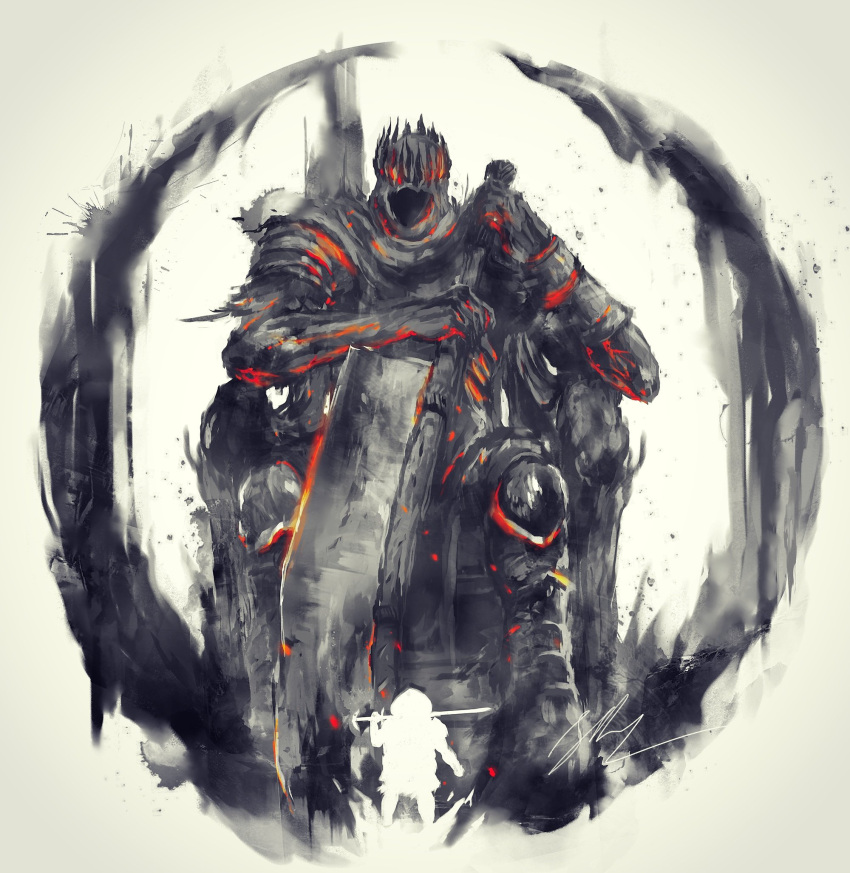 2boys cleaver crown dark_souls_iii giant giant_male highres holding holding_weapon multiple_boys shimhaq siegward_of_catarina signature sitting souls_(series) weapon yhorm_the_giant