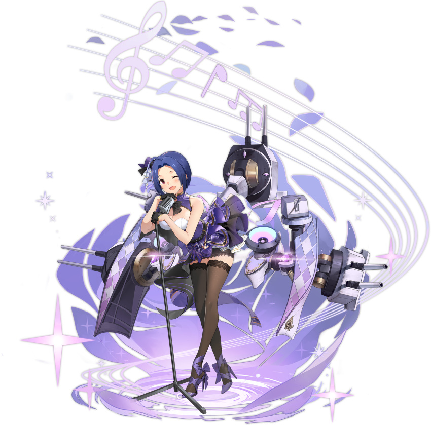 1girl ahoge artist_request azur_lane bare_shoulders black_gloves black_legwear blue_hair breasts gloves high_heels highres idolmaster idolmaster_(classic) large_breasts looking_at_viewer microphone microphone_stand miura_azusa official_art one_eye_closed open_mouth purple_footwear rigging short_hair sleeveless standing thighhighs transparent_background turret