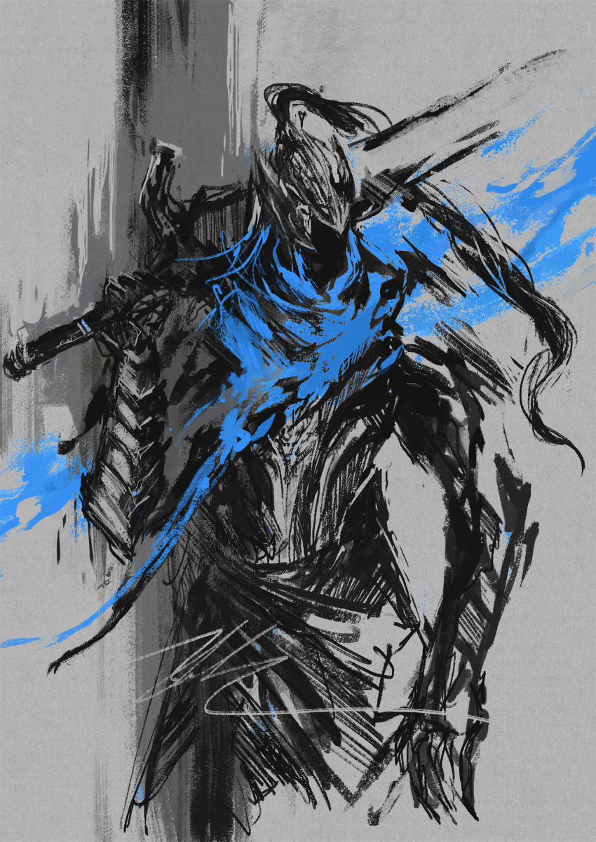 1boy abyss armor artorias_the_abysswalker blue_theme dark_souls_i full_armor helmet highres holding holding_weapon male_focus monochrome plume shimhaq solo souls_(series) weapon