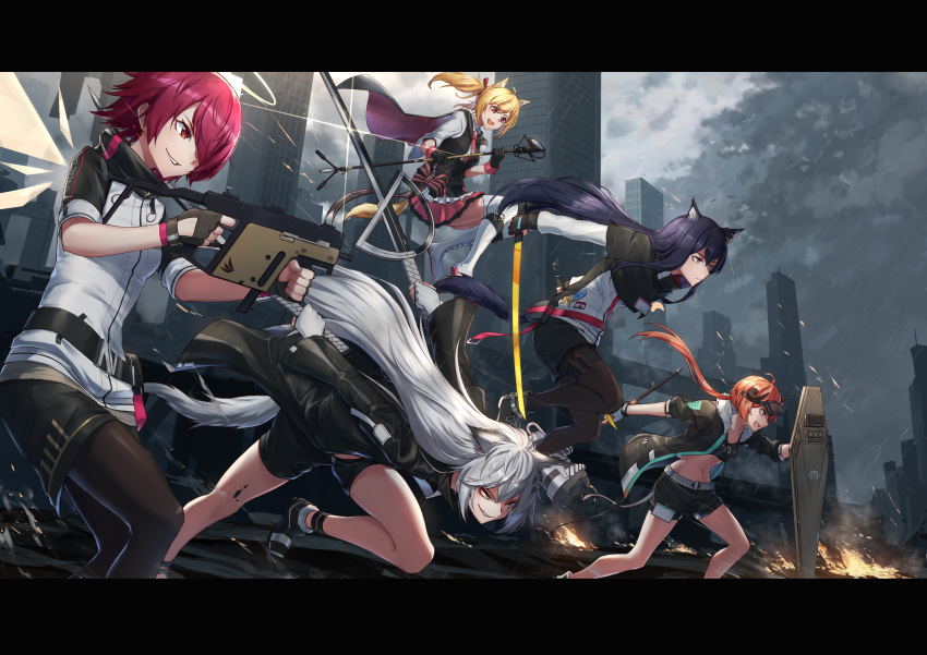 5girls absurdres aiming angel_wings animal_ears arknights bangs battle belt black_hair black_jacket blonde_hair building cape closed_mouth cloud cloudy_sky cow_horns croissant_(arknights) dark_clouds destruction exusiai_(arknights) fighting_stance fire floating_hair fox_ears fox_girl fox_tail from_side grin gun hair_over_one_eye halo highres holding holding_gun holding_shield holding_staff holding_sword holding_weapon horns id_card jacket jirofly jumping kriss_vector lappland_(arknights) long_hair looking_ahead midriff multiple_girls navel open_mouth orange_hair pantyhose parted_lips penguin_logistics_(arknights) pink_skirt pleated_skirt rain red_eyes red_hair running serious shield short_hair shorts skirt sky smile smirk sora_(arknights) staff submachine_gun sword tail texas_(arknights) twintails v-shaped_eyebrows v-shaped_eyes very_long_hair weapon white_hair wings wolf_ears wolf_girl wolf_tail