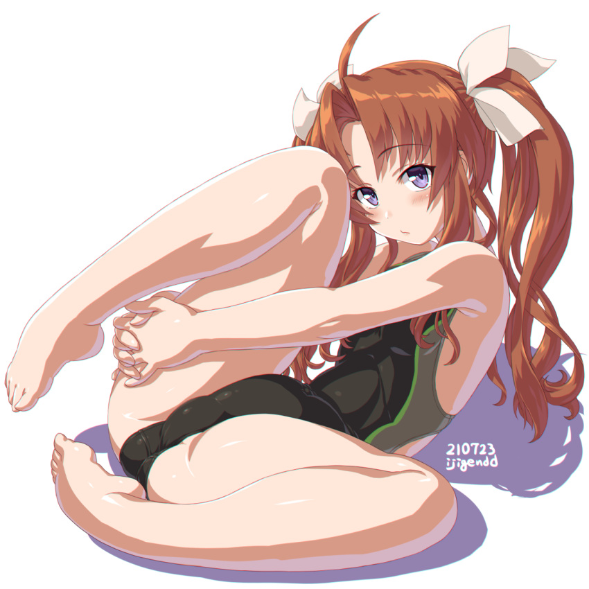 1girl alternate_costume ass bare_arms bare_legs bare_shoulders barefoot black_swimsuit blush breasts brown_hair competition_swimsuit curled_up dd_(ijigendd) eyebrows_visible_through_hair hair_ribbon highleg highleg_swimsuit highres holding_leg kagerou_(kancolle) kantai_collection long_hair looking_at_viewer lying mons_pubis multicolored multicolored_clothes multicolored_swimsuit on_back one-piece_swimsuit remodel_(kantai_collection) ribbon simple_background swimsuit twintails white_background white_ribbon