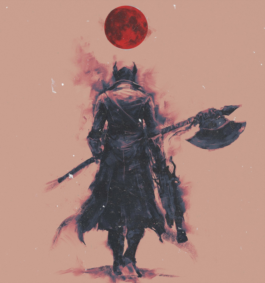 1other bloodborne coat commentary english_commentary from_behind gun halberd hat highres holding holding_gun holding_polearm holding_weapon hunter_(bloodborne) moon musket polearm red_moon red_theme shimhaq solo walking weapon