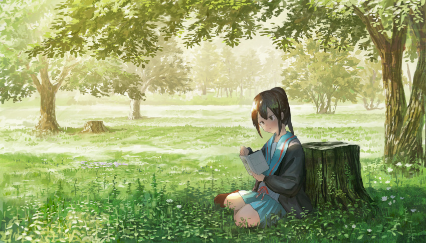 1girl absurdres against_tree bangs black_cardigan blue_sailor_collar blue_skirt book brown_eyes brown_footwear brown_hair cardigan closed_mouth fjsmu forest genderswap genderswap_(mtf) grass highres holding holding_book kita_high_school_uniform kyonko long_hair long_sleeves nature outdoors ponytail reading red_ribbon ribbon sailor_collar school_uniform serafuku sitting skirt solo suzumiya_haruhi_no_yuuutsu tree tree_stump