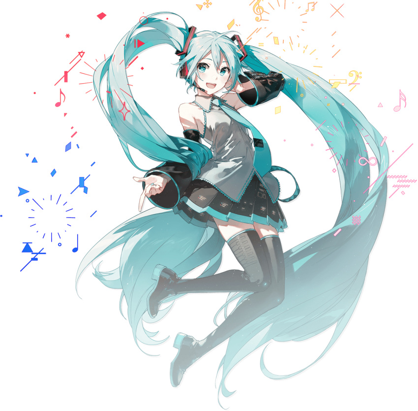 1girl aqua_eyes aqua_hair aqua_nails aqua_neckwear bare_shoulders beamed_eighth_notes black_legwear black_skirt black_sleeves boots confetti detached_sleeves floating full_body grey_shirt hair_ornament hand_on_headphones hatsune_miku headphones headset high_heels highres index_finger_raised long_hair looking_at_viewer miniskirt musical_note nail_polish necktie open_mouth piano_print pleated_skirt quarter_note rella shirt skindentation skirt sleeveless sleeveless_shirt smile solo sparkle thigh_boots thighhighs transparent_background treble_clef twintails very_long_hair vocaloid zettai_ryouiki