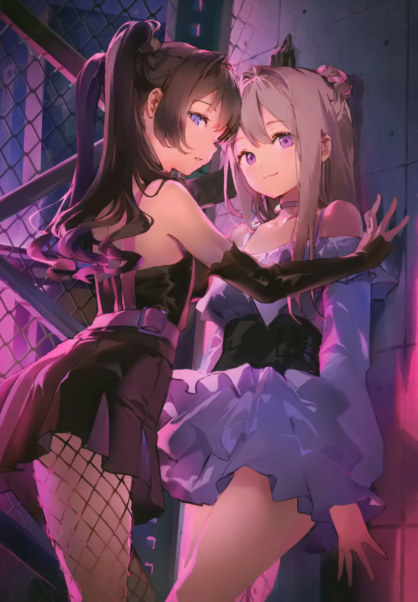 2girls absurdres against_wall anmi bangs bare_shoulders black_dress black_hair blue_eyes brown_hair chain-link_fence choker dress fence fishnet_legwear fishnets highres layered_dress layered_skirt long_hair long_sleeves looking_at_viewer looking_back multiple_girls open_mouth original parted_lips purple_eyes scan short_dress sidelocks simple_background skirt tied_hair twintails white_dress