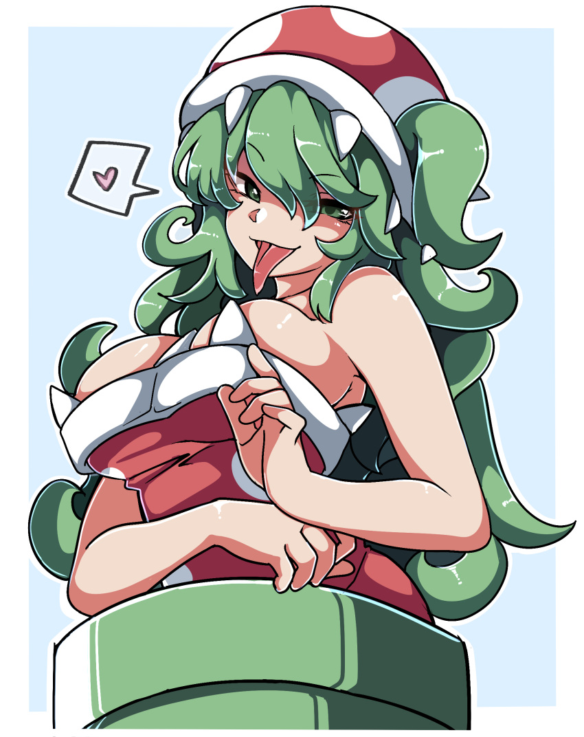 1girl absurdres breasts dress gokuu_(acoloredpencil) green_eyes green_hair heart highres large_breasts long_hair mario_(series) personification piranha_plant red_dress sleeveless sleeveless_dress solo speech_bubble spoken_heart strapless strapless_dress tongue tongue_out warp_pipe