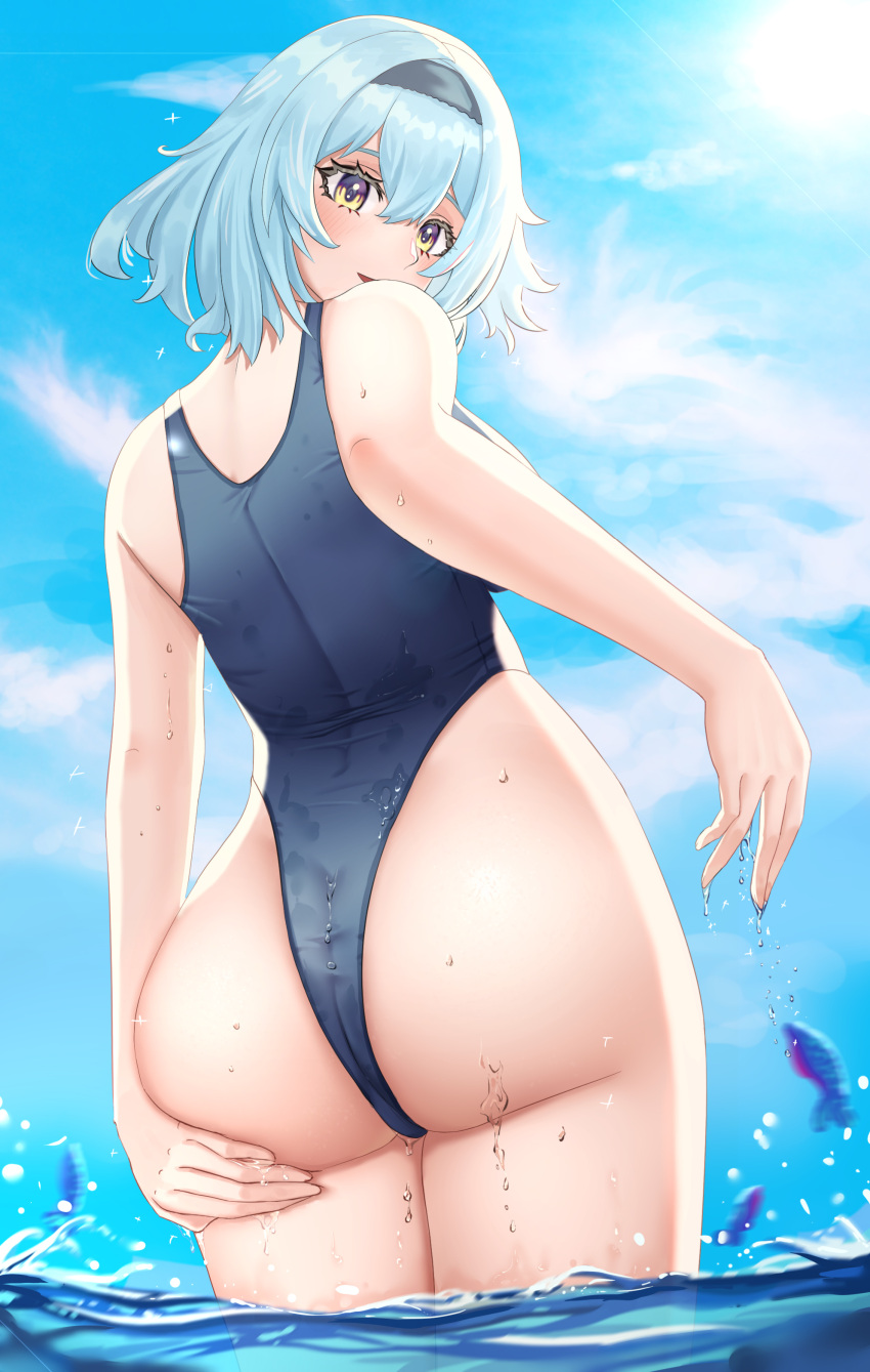 1girl absurdres ass ass_focus ass_grab ass_support beach blue_eyes dripping eula_(genshin_impact) fish from_behind genshin_impact hairband highres legs_together looking_at_viewer looking_back short_hair skin_tight smile solo sunlight swimsuit thighs too water wet yellow_eyes
