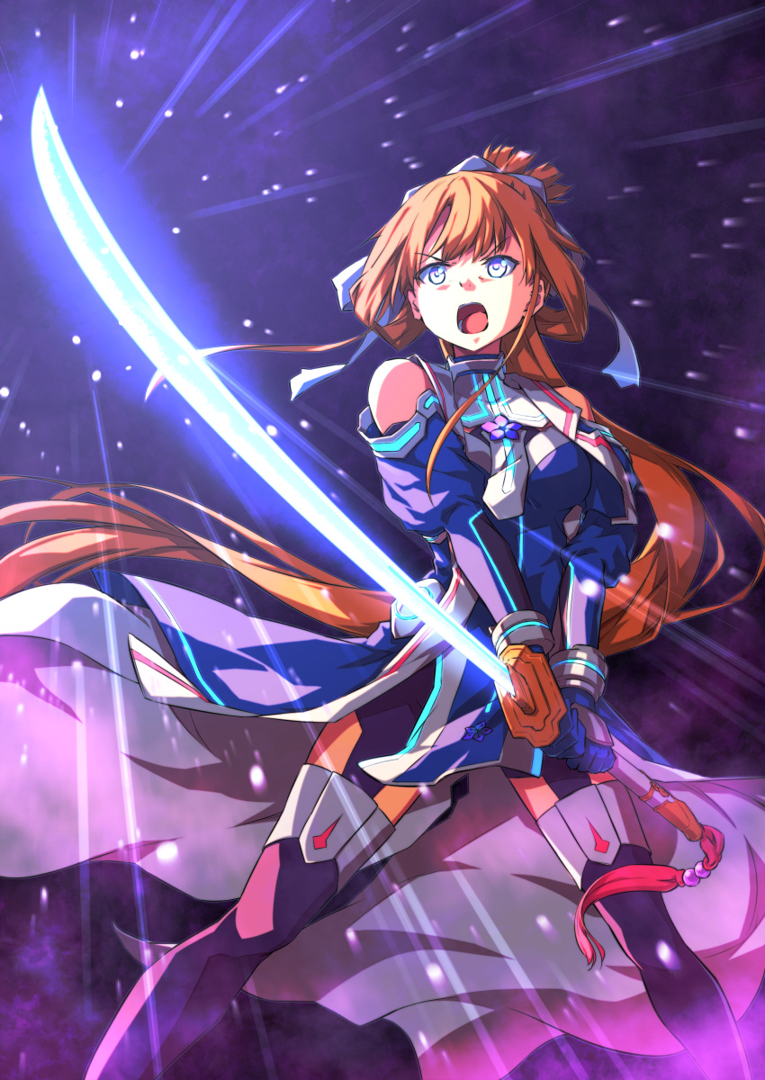 1girl absurdres armband bare_shoulders bellflower black_legwear blue_dress bow breasts detached_sleeves dress fighting_stance flower glowing glowing_weapon highres holding holding_weapon katana light_brown_hair long_hair medium_breasts nogi_wakaba nogi_wakaba_wa_yuusha_de_aru open_mouth ponytail sakuria screaming simple_background standing sunrise_stance sword very_long_hair weapon yuusha_de_aru