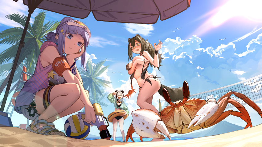 3girls animal animal_ears arknights armband beach beach_umbrella bear_ears bikini bird black_bikini black_hair blue_eyes blue_hair blush breast_hold breasts brown_hair cloud crab cropped_jacket ear_piercing expressionless extra_ears feater_(arknights) freckles front-tie_top full_body goggles goggles_around_neck green_jacket gun hair_between_eyes hair_ornament highres holding holding_gun holding_weapon innertube istina_(arknights) jacket key large_breasts mountain multicolored_hair multiple_girls navel palm_tree panda_ears piercing pink_jacket ponytail raccoon_ears raccoon_girl raccoon_tail robin_(arknights) sandals seagull shorts side-tie_bikini sky sleeveless sleeveless_jacket squatting standing star_(symbol) star_hair_ornament streaked_hair sun swimsuit tail thigh_strap thighs tree umbrella volleyball volleyball_net wardrobe_malfunction water water_gun weapon white_footwear white_hair white_shorts wristband yellow_eyes zhili_xingzou