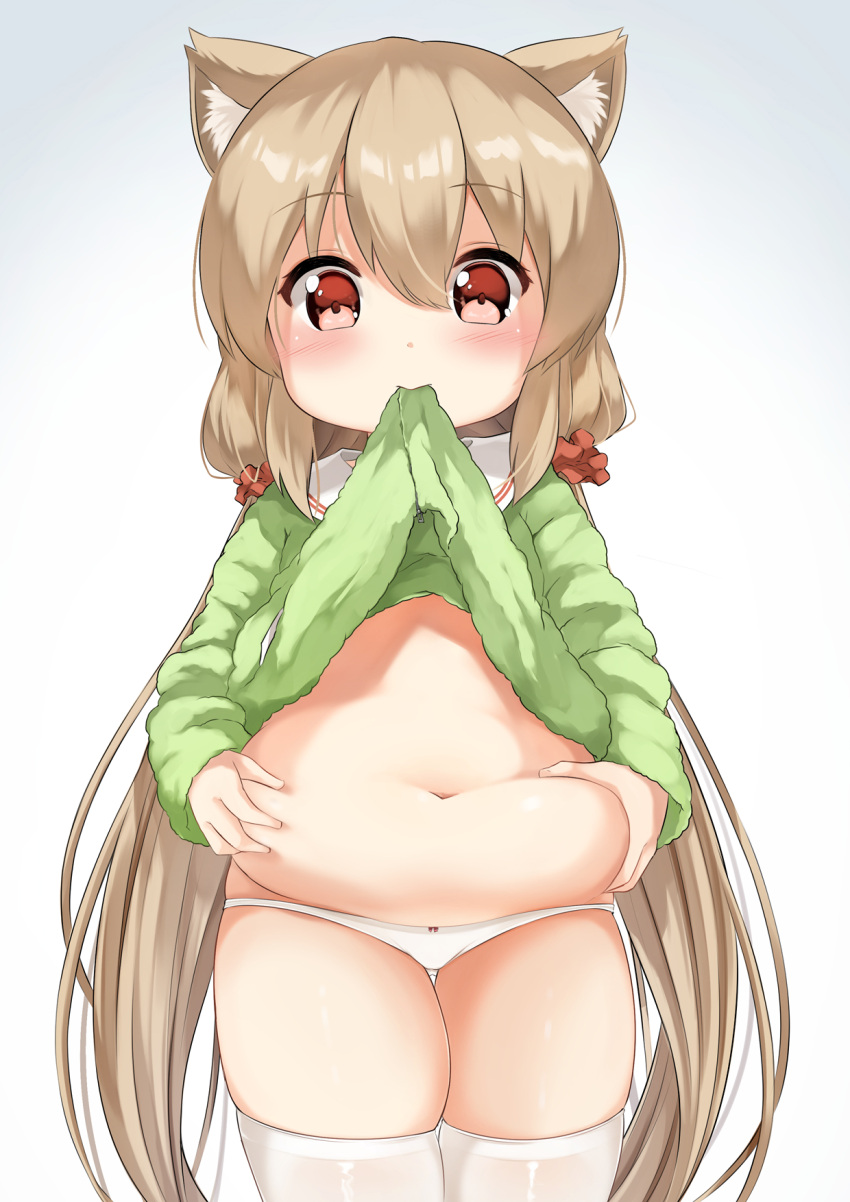 1girl animal_ear_fluff bangs blush bow bow_panties brown_hair clothes_lift eyebrows_visible_through_hair gradient gradient_background green_shirt grey_background hair_between_eyes hair_ornament hair_scrunchie highres long_hair looking_at_viewer low_twintails navel no_pants original panties plump red_eyes red_scrunchie sailor_collar scrunchie shirt shirt_in_mouth shirt_lift solo sora_(silent_square) thighhighs twintails underwear very_long_hair white_background white_legwear white_panties white_sailor_collar