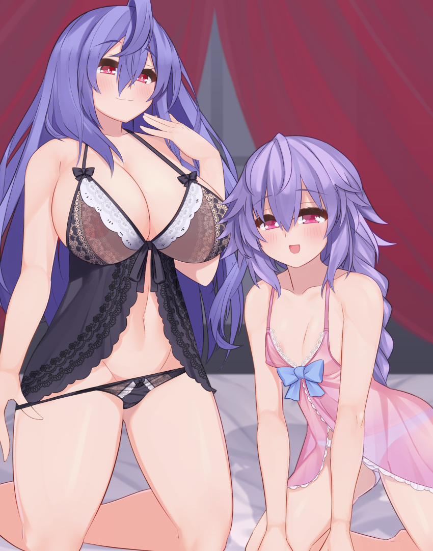 2girls absurdres alternate_breast_size bare_shoulders black_panties blue_hair blush braid breasts dual_persona dura flat_chest highres huge_breasts iris_heart kami_jigen_game_neptune_v lingerie long_hair multiple_girls navel negligee neptune_(series) panties purple_hair pururut red_eyes see-through symbol-shaped_pupils underwear very_long_hair white_panties