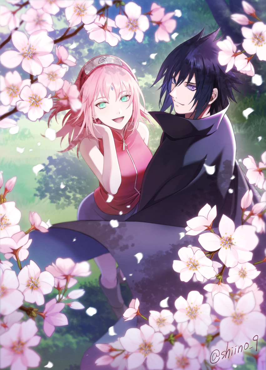 1boy 1girl black_hair boots branch cherry_blossoms cloak couple facial_mark forehead_mark forehead_protector grass green_eyes haruno_sakura heterochromia highres konohagakure_symbol medium_hair naruto_(series) petals pink_hair rinnegan shiino_9 smile spiked_hair standing uchiha_sasuke