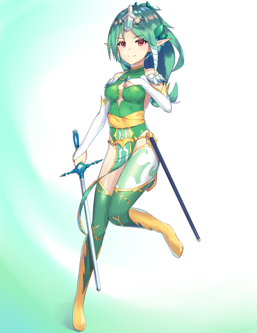 1girl absurdres breasts closed_mouth crusadia_arboria detached_sleeves green_hair green_legwear green_leotard hand_on_own_chest headpiece highres holding holding_sword holding_weapon leotard long_hair long_sleeves looking_at_viewer lordol medium_breasts pelvic_curtain ponytail red_eyes scabbard sheath smile solo sword thighhighs unsheathed weapon yu-gi-oh!