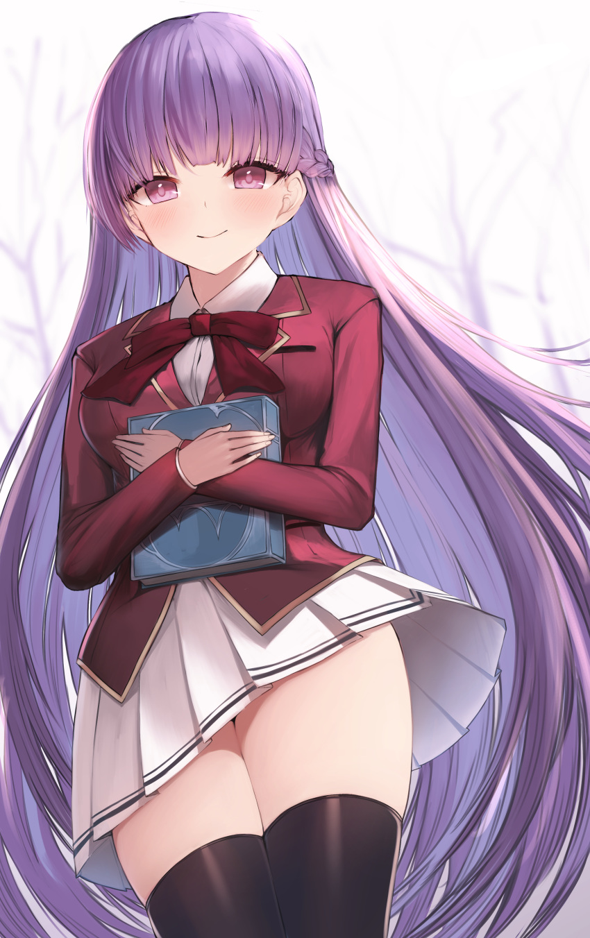 1girl absurdres advanced_nurturing_high_school_uniform black_legwear blazer blush book breasts buttons closed_mouth commission commissioner_upload fire_emblem fire_emblem:_the_binding_blade harukana_(harukana_10) highres holding holding_book jacket large_breasts long_hair miniskirt purple_eyes purple_hair ribbon school_uniform shirt skeb_commission skirt smile solo sophia_(fire_emblem) thighhighs thighs very_long_hair white_shirt