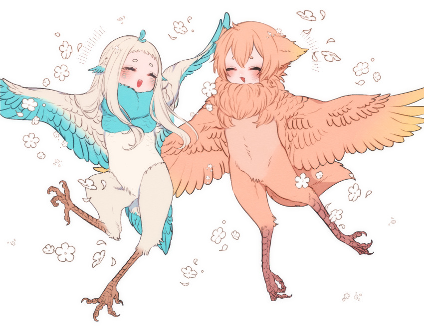 2girls animal_ears bachikin_(kingyo155) bangs bird_ears bird_legs bird_tail blue_feathers blue_wings blush closed_eyes commentary_request feathered_wings feathers flower harpy highres long_hair monster_girl multiple_girls neck_ruff open_mouth orange_feathers orange_hair orange_wings original scales short_hair simple_background tail tail_feathers talons thick_eyebrows two-tone_wings white_background white_feathers white_hair white_wings winged_arms wings
