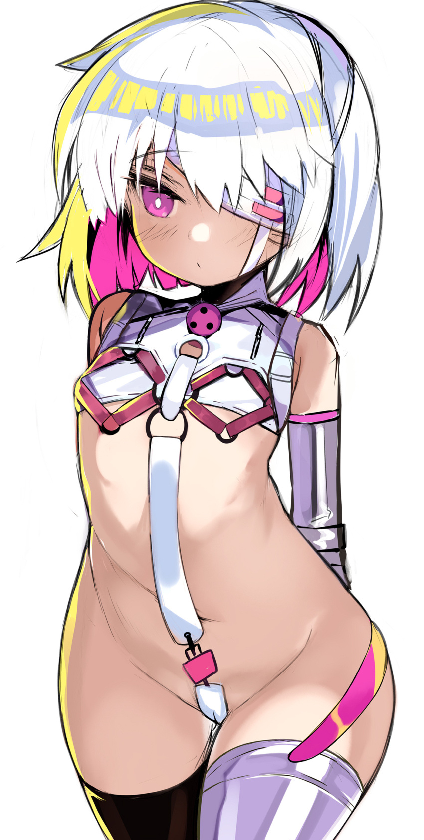 1girl asymmetrical_legwear bangs bare_shoulders black_legwear blush breasts crop_top dohna_dohna elbow_gloves eyepatch gloves highres looking_at_viewer mismatched_legwear navel pink_eyes porno_(dohna_dohna) revealing_clothes shimejinameko short_hair silver_hair small_breasts solo thighhighs thighs white_legwear